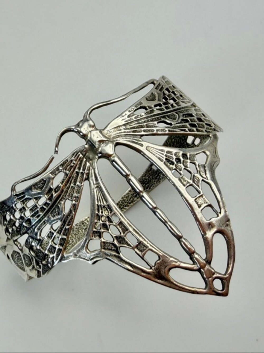 Sterling Silver Dragonfly Cuff Bracelet – Boho Filigree, Art Nouveau Style
